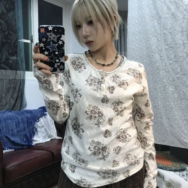 제페니즈 빈티지 여성 플라워패턴 롱슬리브