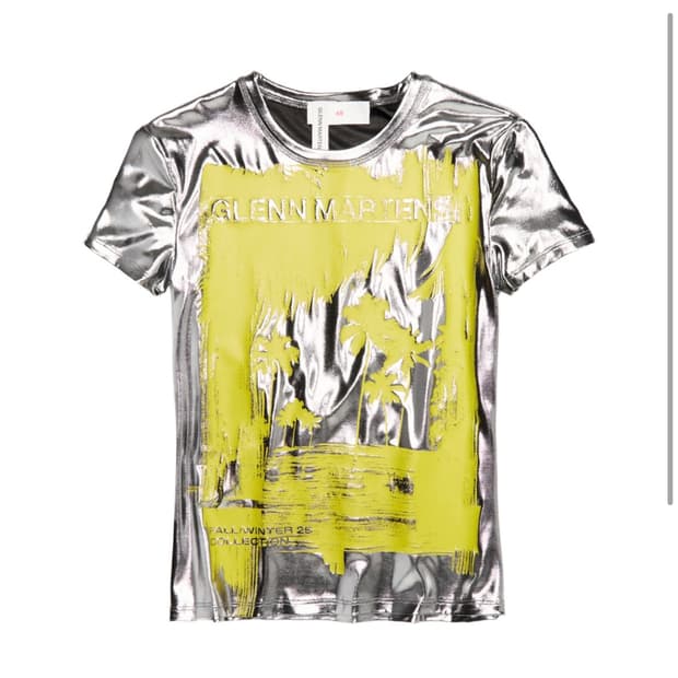H&M 글렌 마틴스 프린티드 메탈릭 티셔츠 실버 그린 XS