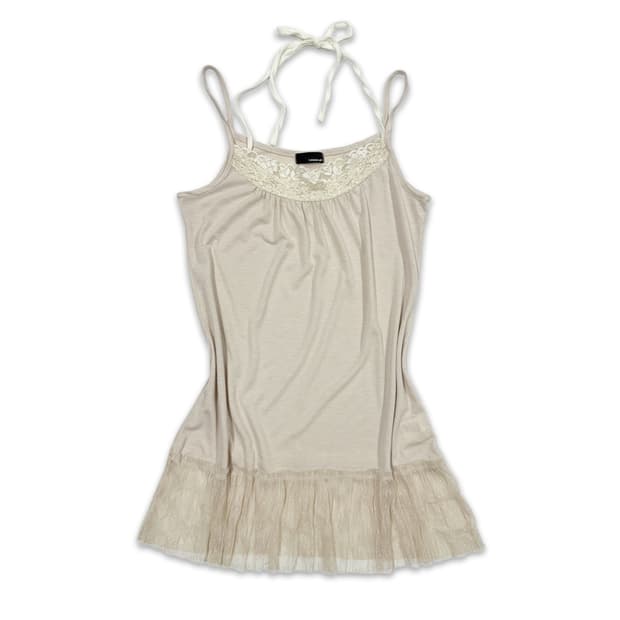 빈티지 베이지 리본 프릴 모리 슬리브리스