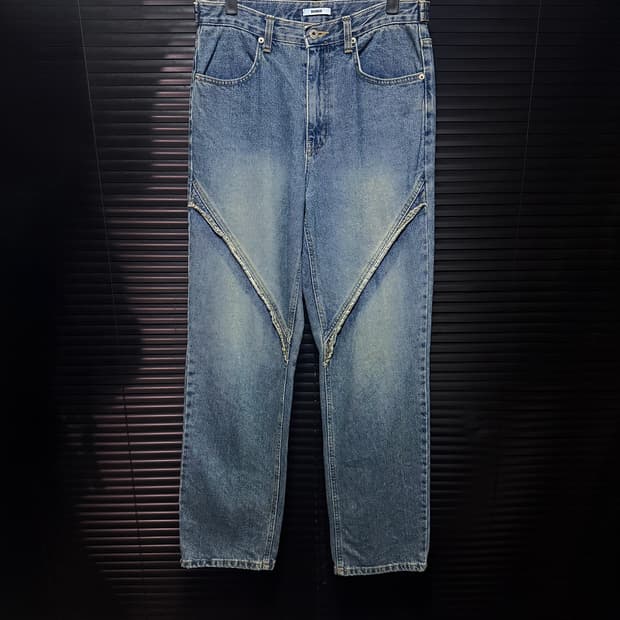 HENDER 사선 절개 중청 워싱 데님 프린지 웨스턴 29 26 일자핏