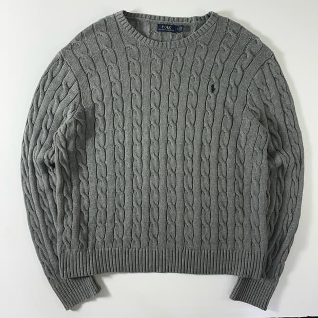 Polo  폴로 랄프로렌 자수 코튼 그레이 꽈배기 니트 