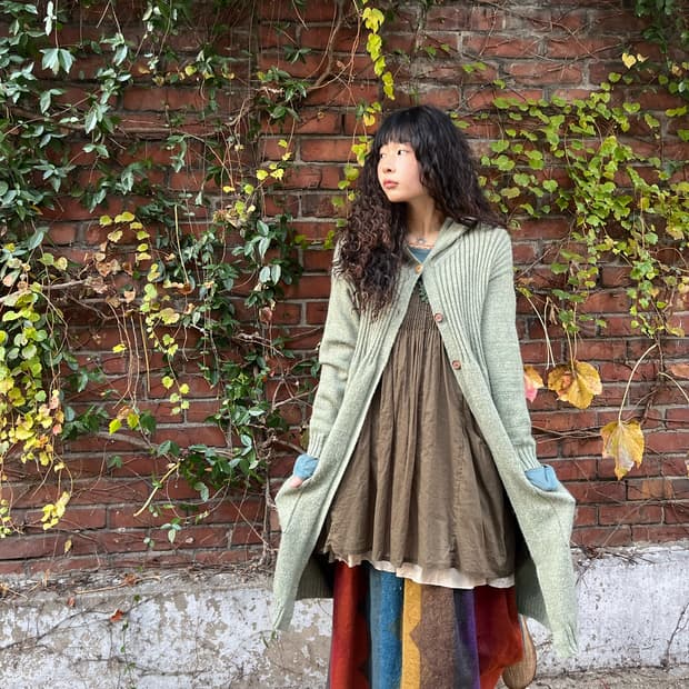 완두콩 니트 후드 가디건