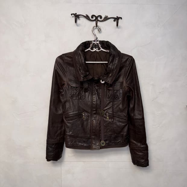 Brown lamb skin button collar jacket 