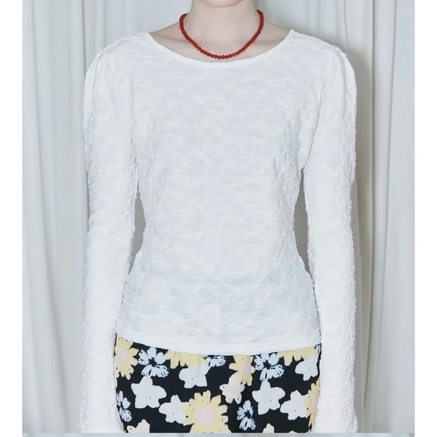 시눈 자카드 긴팔 퍼프 티셔츠 퍼프 소매 블라우스