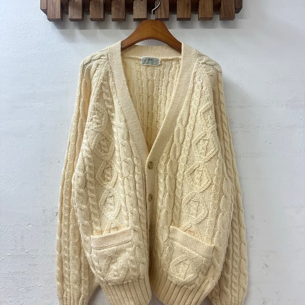 일본빈티지 ADAX 울 100% 아란 피셔맨 케이블 스웨터 니트 가디건