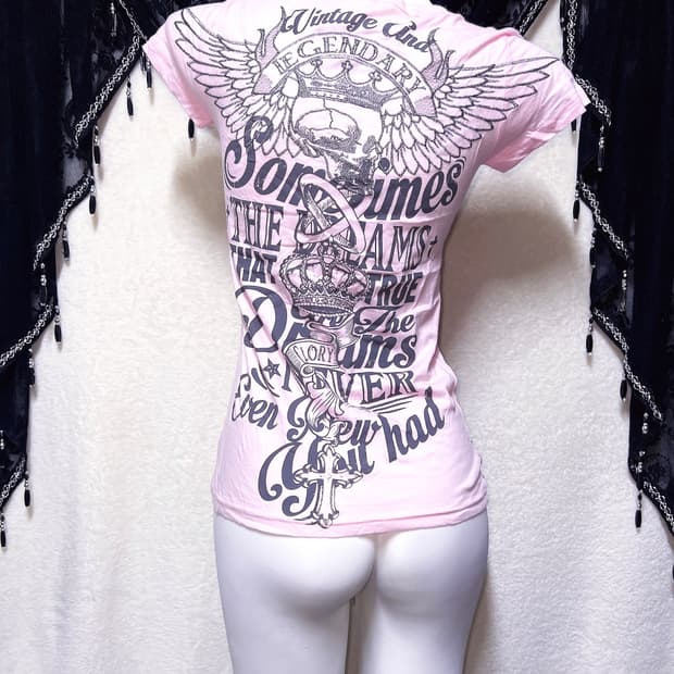 글리츠 glitz y2k 펑크 갸루 날개 윙 해골 레터링 프린팅반팔 핀터