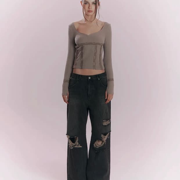 플리즈노팔로우  jay destroyed wide denim M