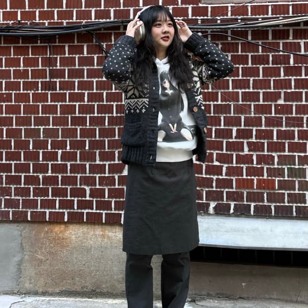 노르딕 가디건 코이세이오 후드 레이어드 스커트 팬츠 코디세트