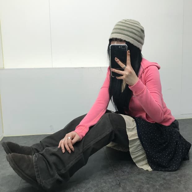 핑크 여리 부츠컷 레이어드 코디셋