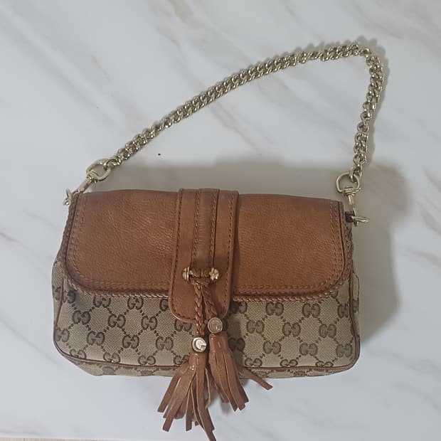 구찌 마라케시 GG 무늬 핸드백 체인 숄더 베이지 라이트 브라운 가죽