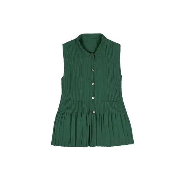 pleated sleeveless shirt dress