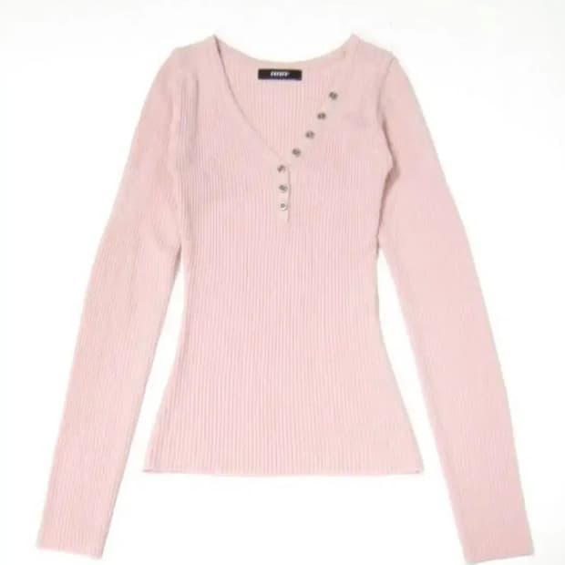 딸기우유 버튼 골지 슬리브 슬림핏 긴팔 티셔츠 니트 핑크 하구미