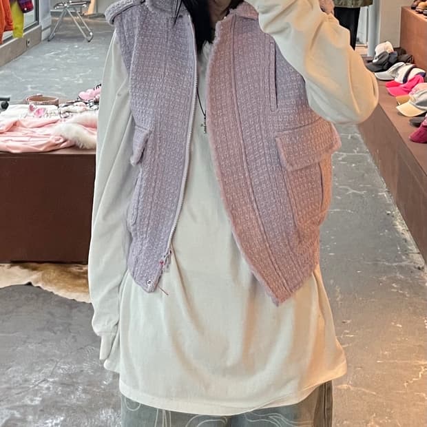 오픈와이와이 트위드바이커 연보라 베스트 H1879