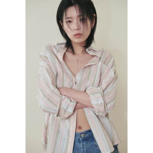 플리즈 린넨 스트라이프 셔츠 핑크