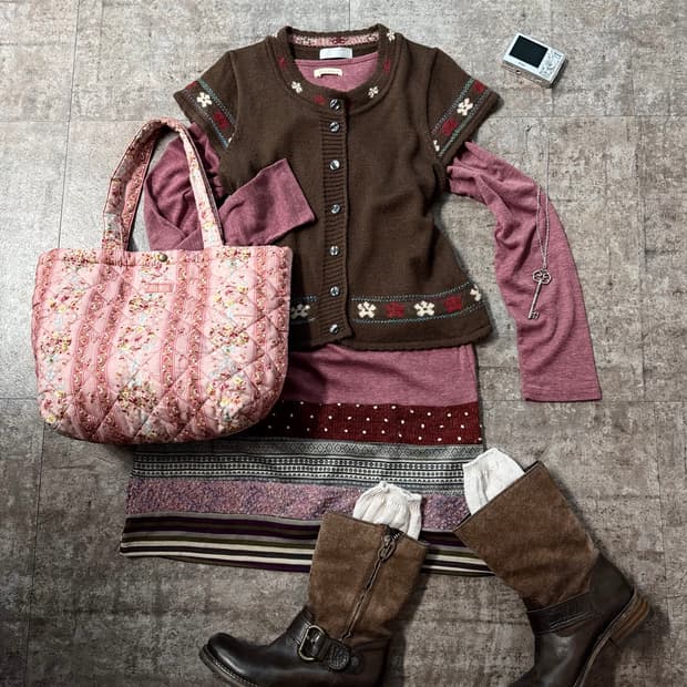 자수 가디건 패치 워크 밑단 롱슬리브 원피스 2pcs SET