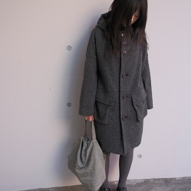 Big button hood wool coat 