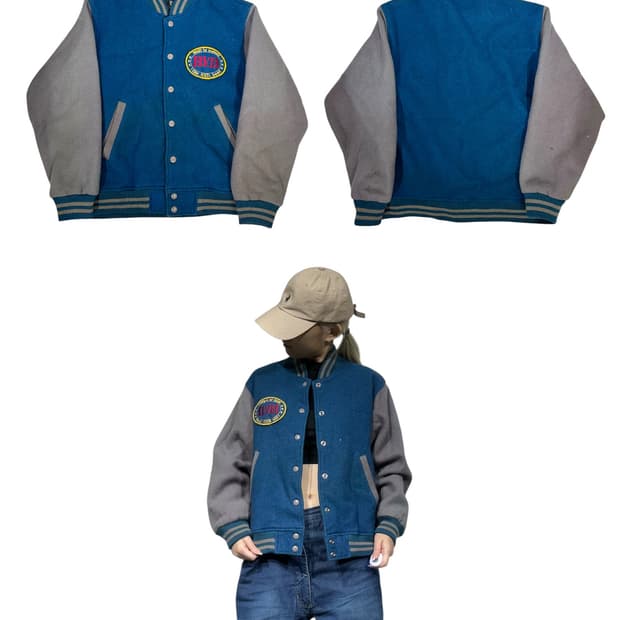 일본 빈티지 블루 그레이 BVD 자수 울 바시티 자켓 M