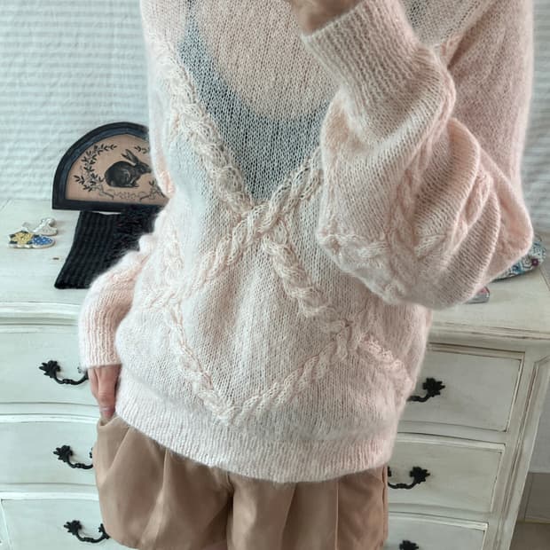 빈티지 베이비핑크 꽈배기 니트 y2k 스트릿 갸루 펑키