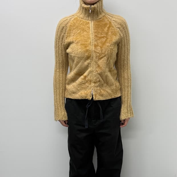 High neck fur panel knit jacket