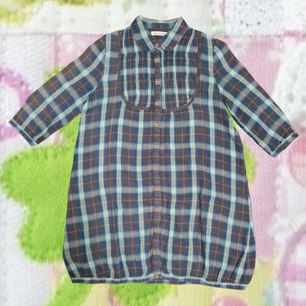 빈티지 모리걸 모리노가토 체크 셔링 셔츠 블라우스 우드단추