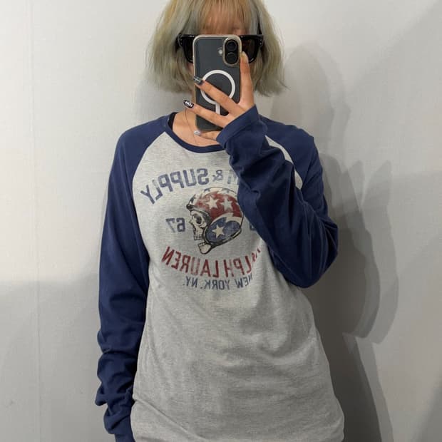 S 데님 앤 서플라이 랄프로렌 배색 해골 프린팅 래글런 긴팔 티셔츠