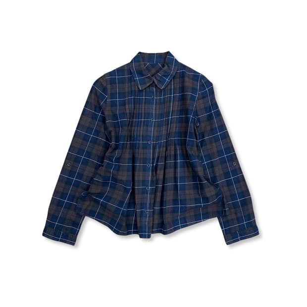 Navy Pleats Detail Checker Shirt