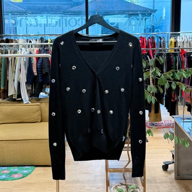 러브 모스키노 블랙 크리스탈 패치 울 가디건 