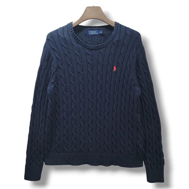 [L] 폴로 네이비 코튼 케이블 스웨터 니트
