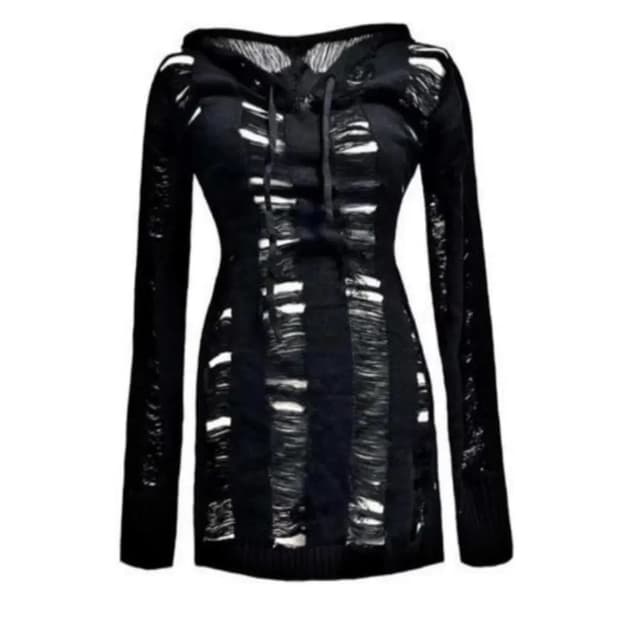 비앤프롬 데미지 후드 니트 원피스