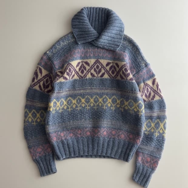 엘엘빈 셰틀랜드 울 숄카라 빈티지 패턴 니트 M