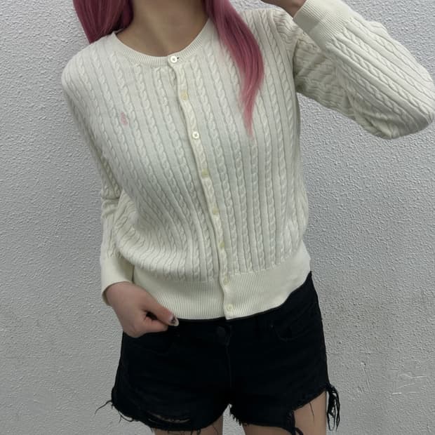 폴로 랄프로렌 딸기우유맛 포니 화이트 꽈배기 가디건 L