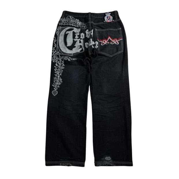 크라운홀더 올드스쿨 쿠지맛 자수 흑청 데님팬츠