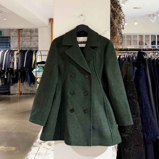 질샌더 카키 에이라인 더블 브레스티드 울 피코트