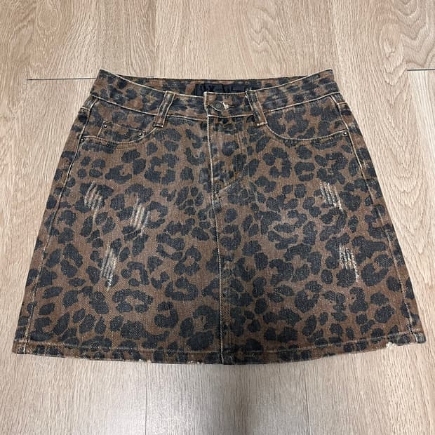 레오파드 호피 데님 미니 스커트