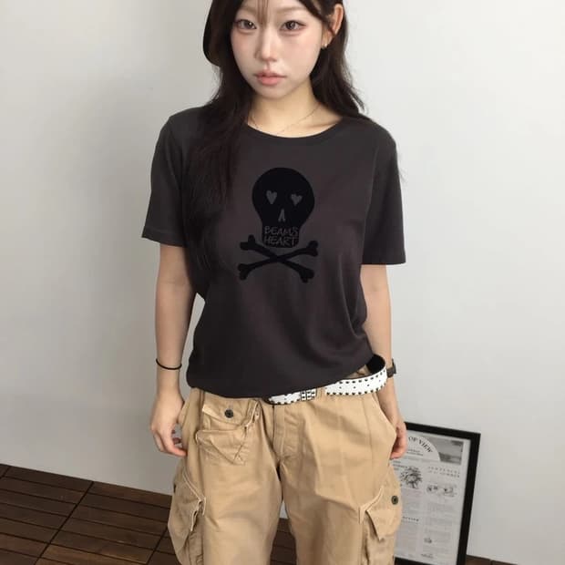 22SS BEAMS HEART Flocked Skull Tee