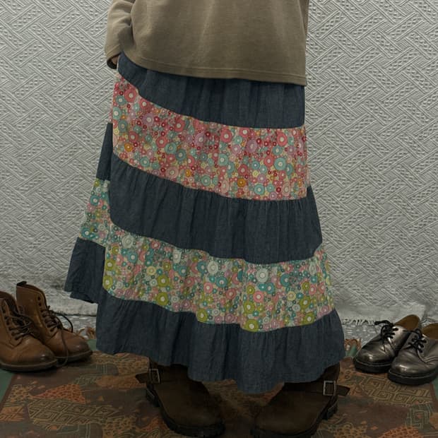 빈티지 모리 하구미 에스닉 히피 플라워 패치워크 롱스커트 K0158