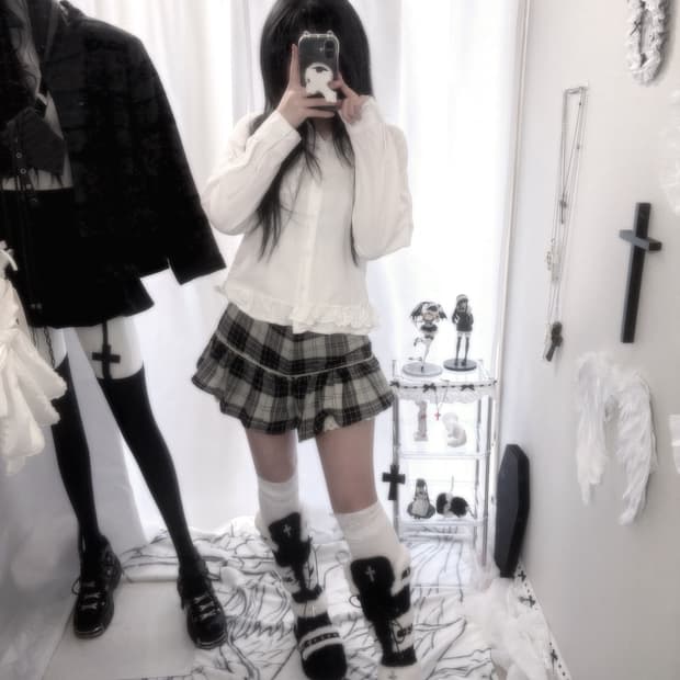 무채색 도쿄코디 체크 레이스 바지