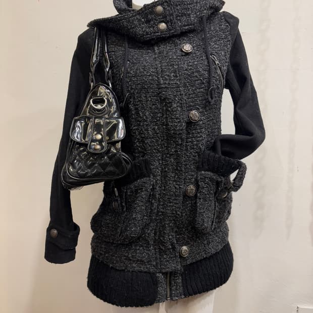 그레이 텍스쳐 음각 버튼 후드 집업 자켓 y2k 갸루 펑크