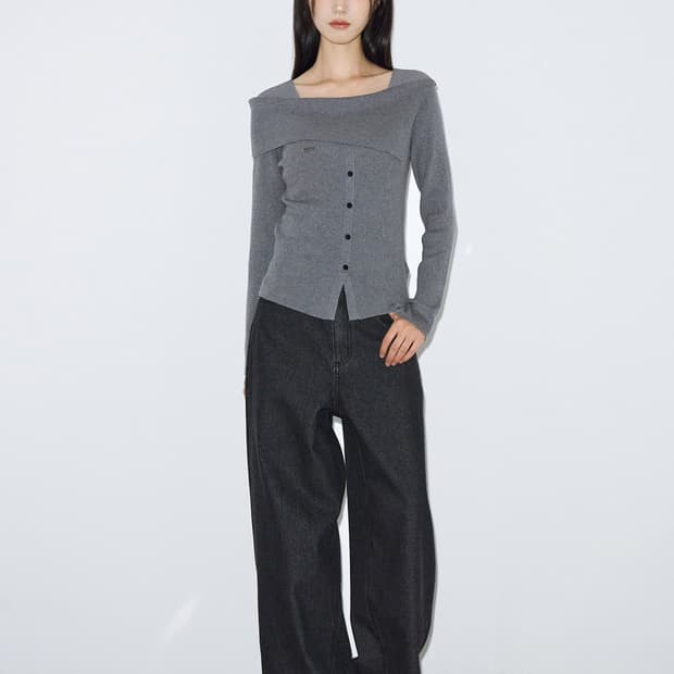 헬레네파리스 폴딩 오프숄더 리브드 니트 [그레이]