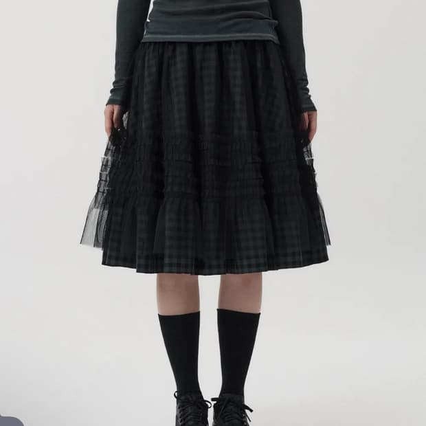 오헤시오 레이어드 쉬어 프릴 스커트 카키체크
