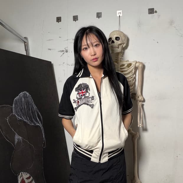 JPN 일본 빈티지 펑크 해골 프린팅 져지 반팔 집업 M