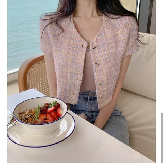 세컨드세컨 핑크 반팔트위드자켓