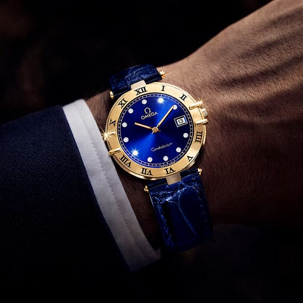 오메가 컨스틸레이션 블루 선레이 11P 다이아몬드 남녀공용 악어 가죽시계