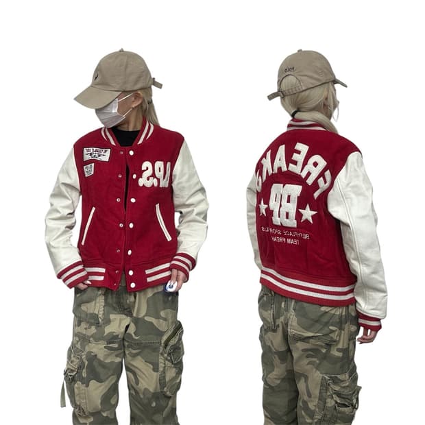 90s 일본 빈티지 BETHPLACE 레드 가죽 바시티 블루종 봄버 자켓