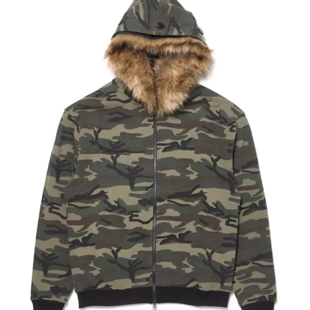 해칭룸 리버시블 폭스 퍼 후디 블랙 카모