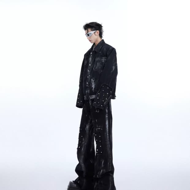 다크 워싱 크롭 자켓 & 부츠컷 팬츠 셋업