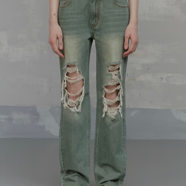 새상품 솔티페블 데미지 그린 팬츠 M