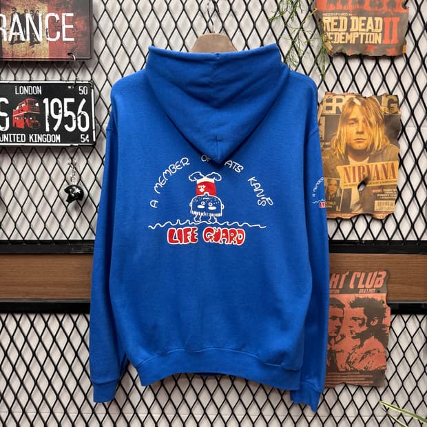 80-90s 헤인즈 후드 집업 후면 빅프린팅 포인트 블루
