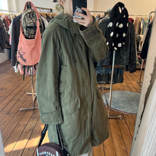 카키 후드 롱 파카 