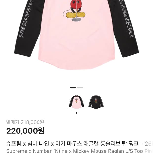 슈프림 x 넘버 나인 x 미키 마우스 래글런 롱슬리브 탑 핑크 